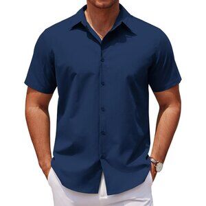 Navy Blue Men Casual Short Sleeve Button Down Untucked Wrinkle Free Dress Shirt
